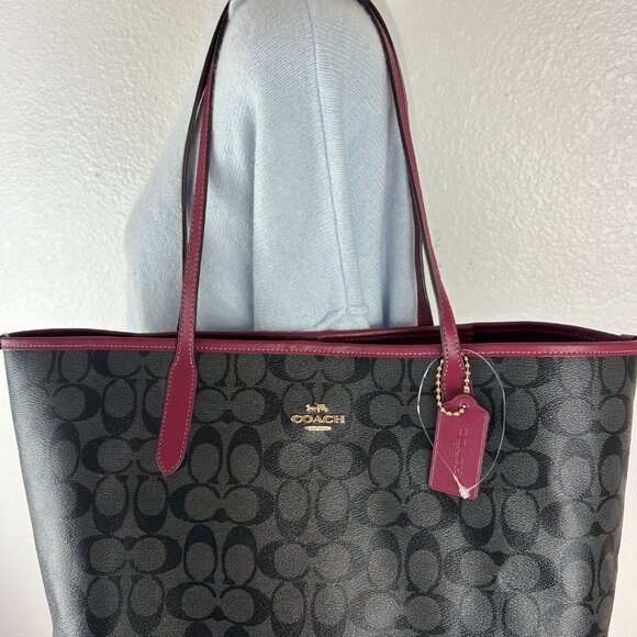 Coach Signature Canvas 5696 City Tote Bag In IM/Brown/Black Cherry-Large - Picture 3 of 16